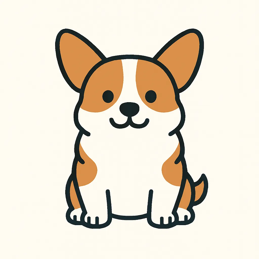 シンプルかわいい笑顔のコーギー｜短い足と丸い体がかわいいコーギーをシンプルかわいいスタイルで表現しました。明るいカラーとやさしい線使いで、元気で愛らしい雰囲気に仕上げています。