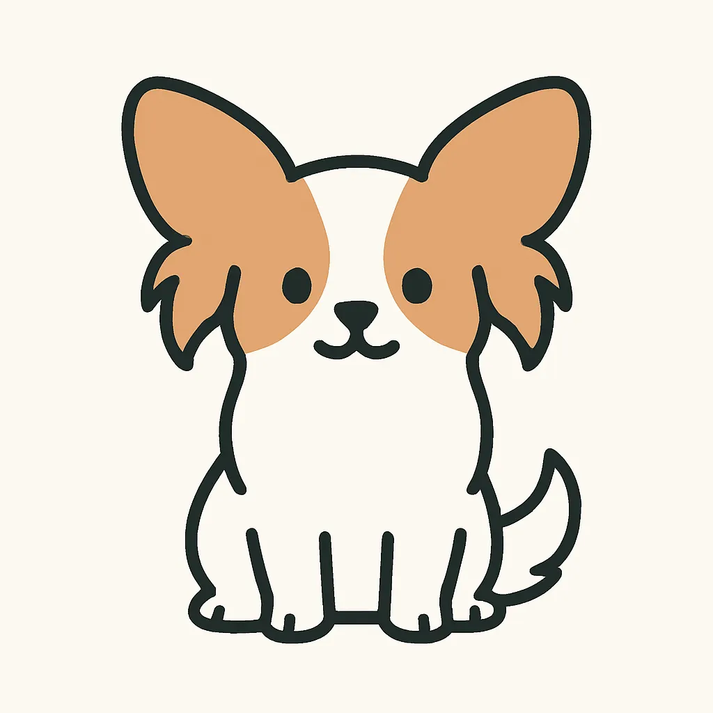 シンプルかわいい笑顔のパピヨン｜大きな耳が特徴のパピヨンをシンプルかわいいスタイルで表現しました。軽やかなフォルムと繊細な線使いで、上品さと親しみやすさを両立させています。