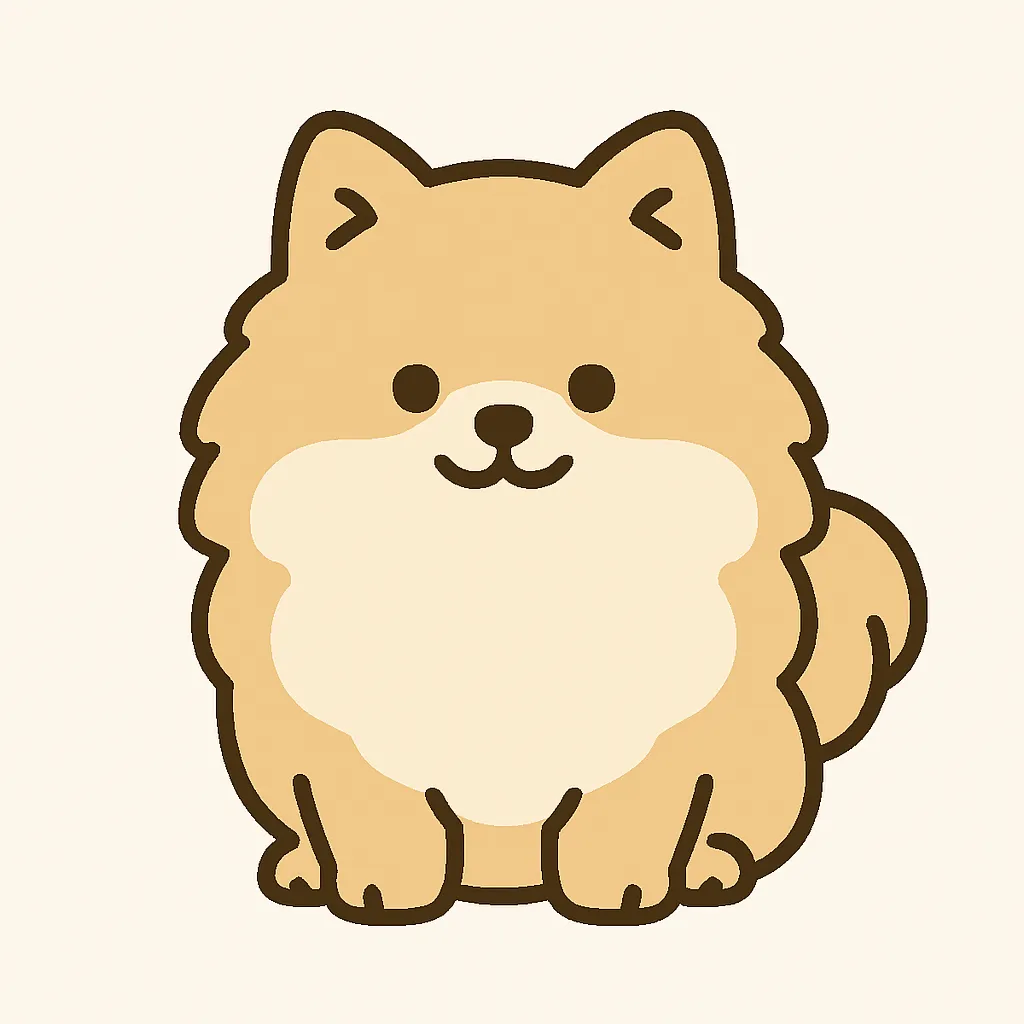 シンプルかわいい笑顔のポメラニアン｜もふもふの毛並みが魅力のポメラニアンをシンプルかわいいタッチで描きました。豊かなボリューム感と明るい色合いで、愛らしさと元気な雰囲気を引き立てています。