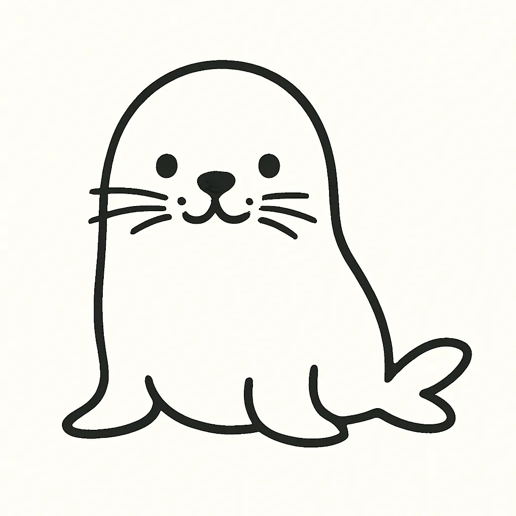 シンプルかわいい笑顔のアザラシ｜ころんと丸い体型が魅力のシンプルかわいいアザラシ。シンプルな線と素朴な表情が、見る人に安心感と癒しを与えるやわらかな雰囲気を作り出している。