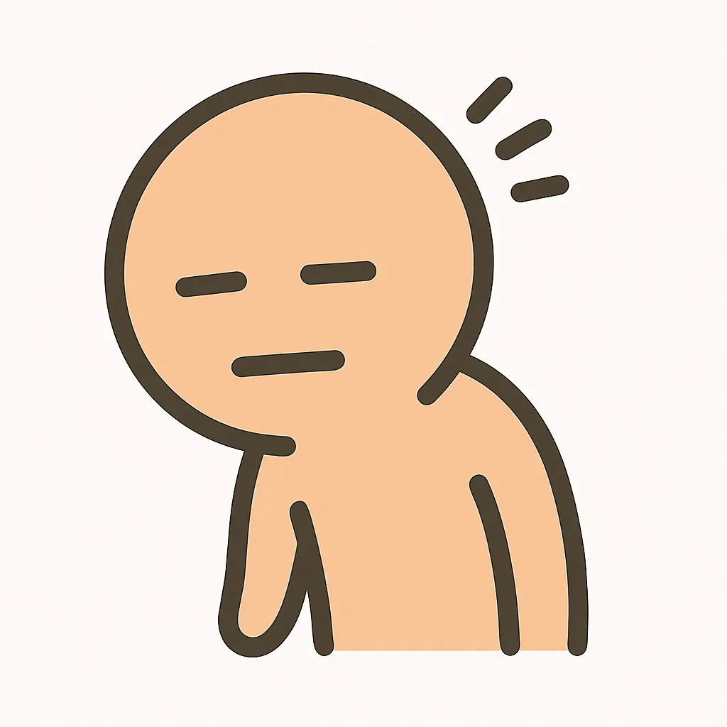顔文字 チーン表情のキャラ｜肩を落とした絶望系ポーズを表現した顔文字キャラ。色数を抑えたやさしいトーンで、くったりとした印象に。画風としては( -᷅_-᷄ )のような沈んだ感情をユーモラスに伝えるテイストです。
