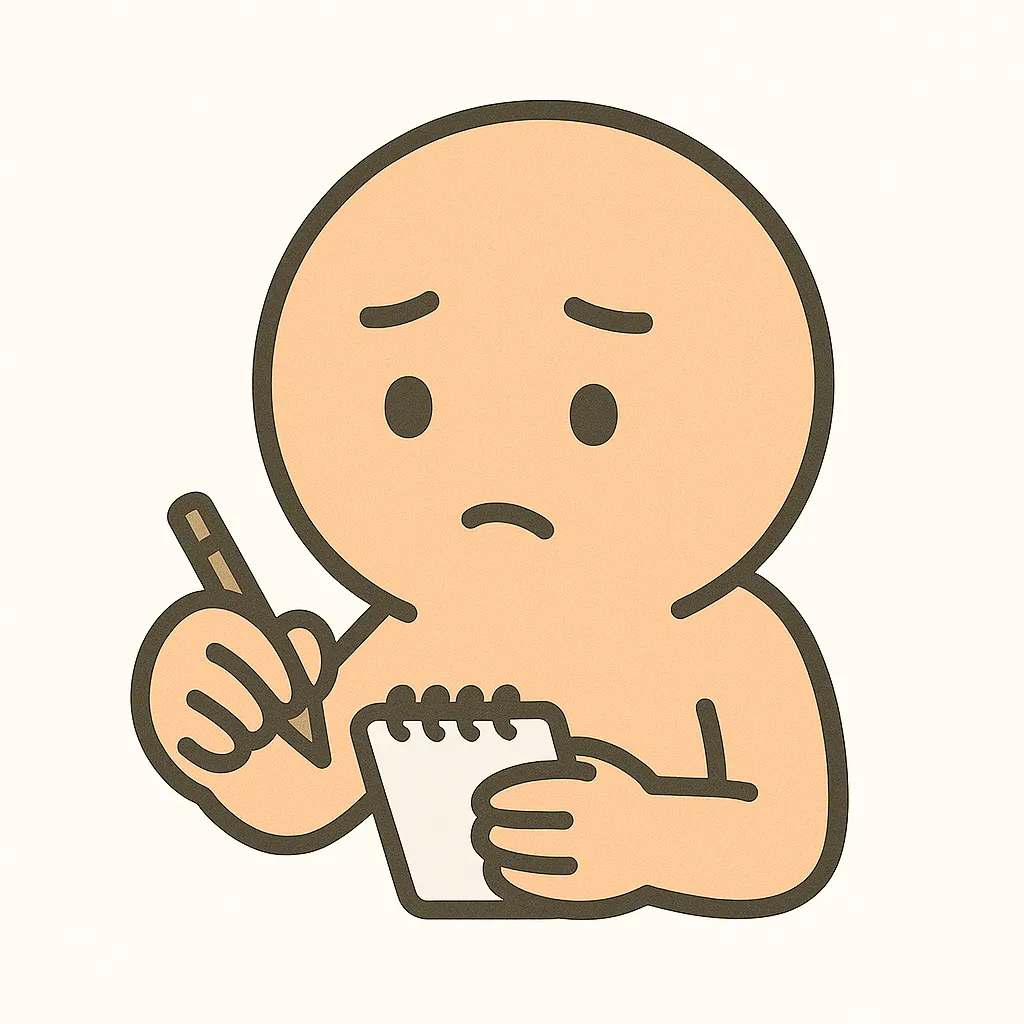 顔文字 メモするキャラ｜顔文字テイストで描かれた「メモ」姿のキャラクター。少し困ったような表情が◎。紙とペンの持ち方にもこだわりがあり、φ(．．)のような思慮深さと共感を呼ぶビジュアルです。