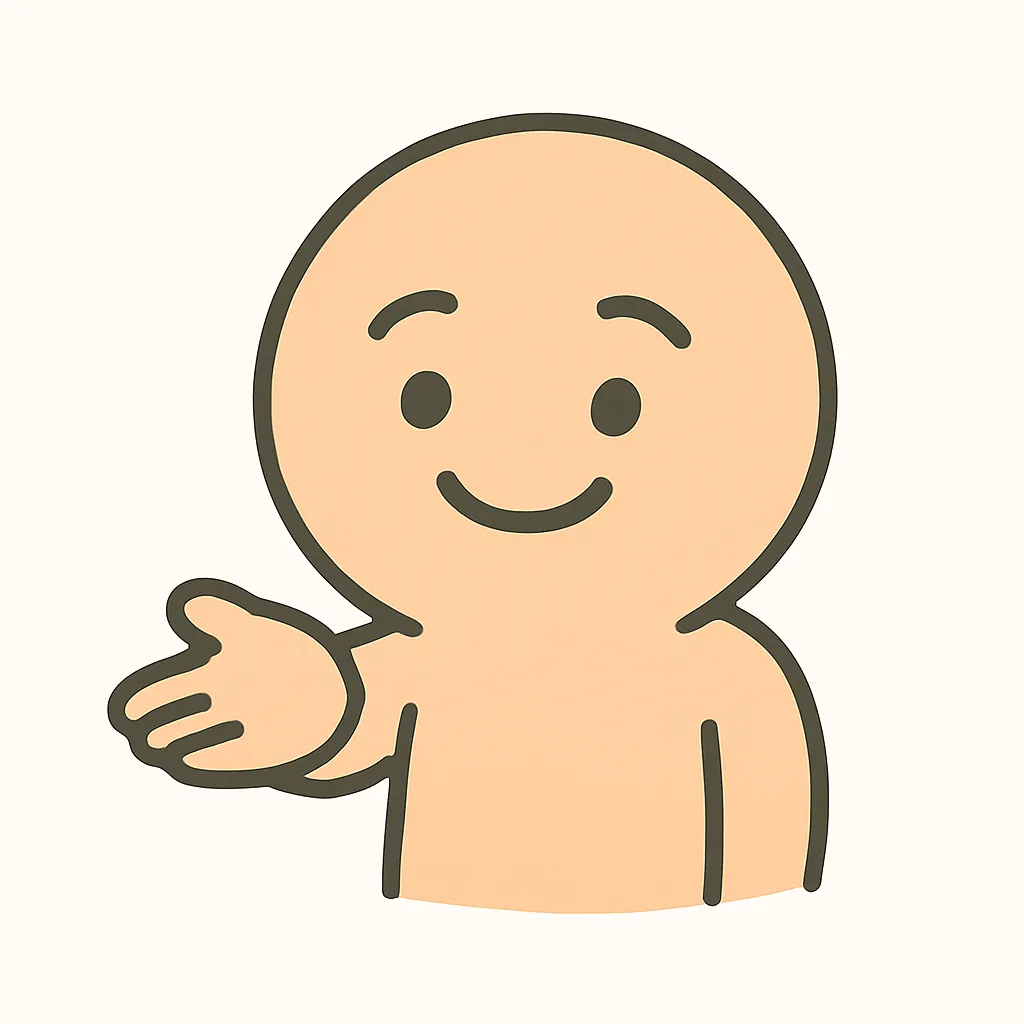 顔文字 あげるポーズ｜片手を差し出すやわらかな「どうぞ」スタイル。表情はにっこり穏やかで、(っ´∀｀)っといった差し出し感をミニマルに再構成。フラットな画風が場面を選ばず使えます。