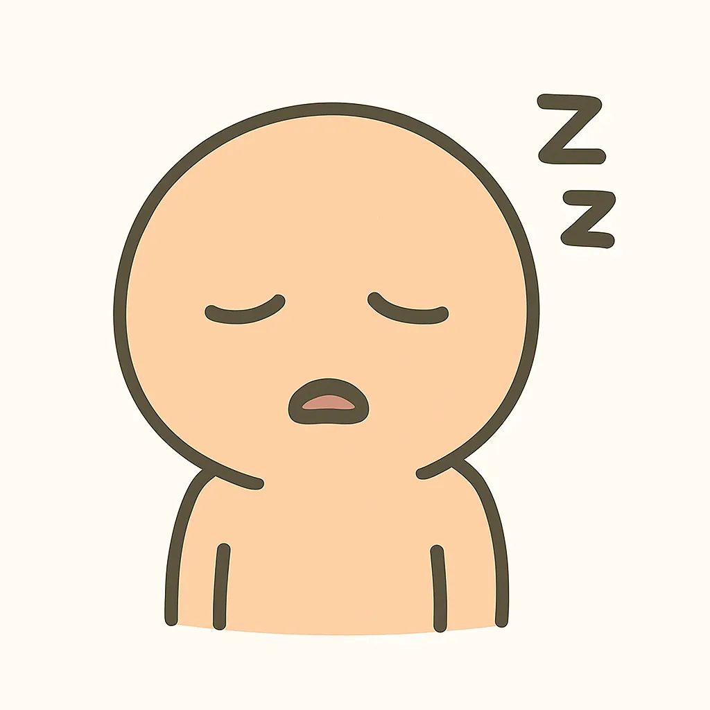 顔文字 眠い顔のキャラ｜口をあけて目を閉じた、あくびのような「眠い」ポーズの顔文字。太めのアウトラインとZマークがアクセントで、(｡-_-｡)Zzzと似た優しいテンションが可視化されています。