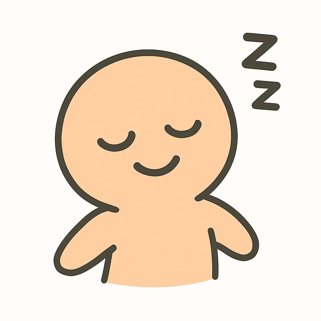 顔文字スヤア｜「( ˘ω˘ )ｽﾔｧ」風に、目を閉じてリラックスした笑顔でスヤスヤ眠る姿。顔を少し傾けたりZマークを添えるとやさしい眠気が伝わる。