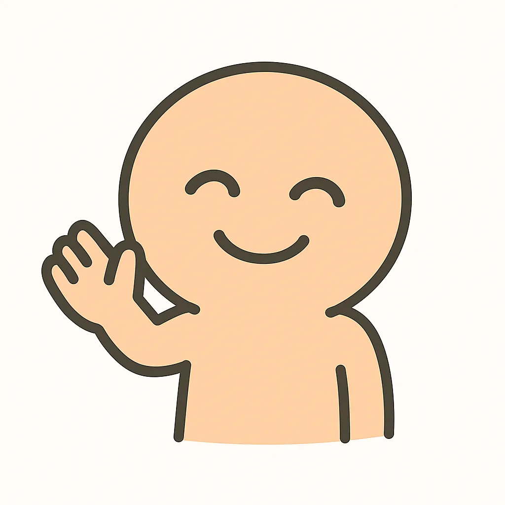 顔文字よろしく｜「(｡･ω･｡)ﾉ」や「(｀・ω・´)ゞ」風に、軽く手を挙げて元気よくあいさつする姿。笑顔＋軽いお辞儀のニュアンスを出すと丁寧さも◎。