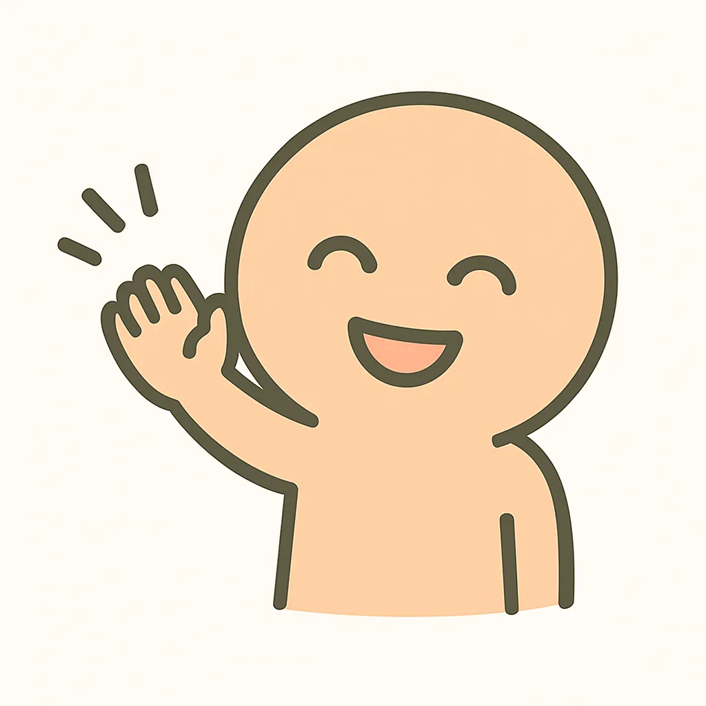 顔文字バイバイ｜「(｡･∀･)ﾉﾞ」や「( ´ ▽ ` )ﾉ」風に、にっこり笑顔＋手を左右に振るような動き。片手でも両手でもOK、Z字の動線を添えると動きが出る。