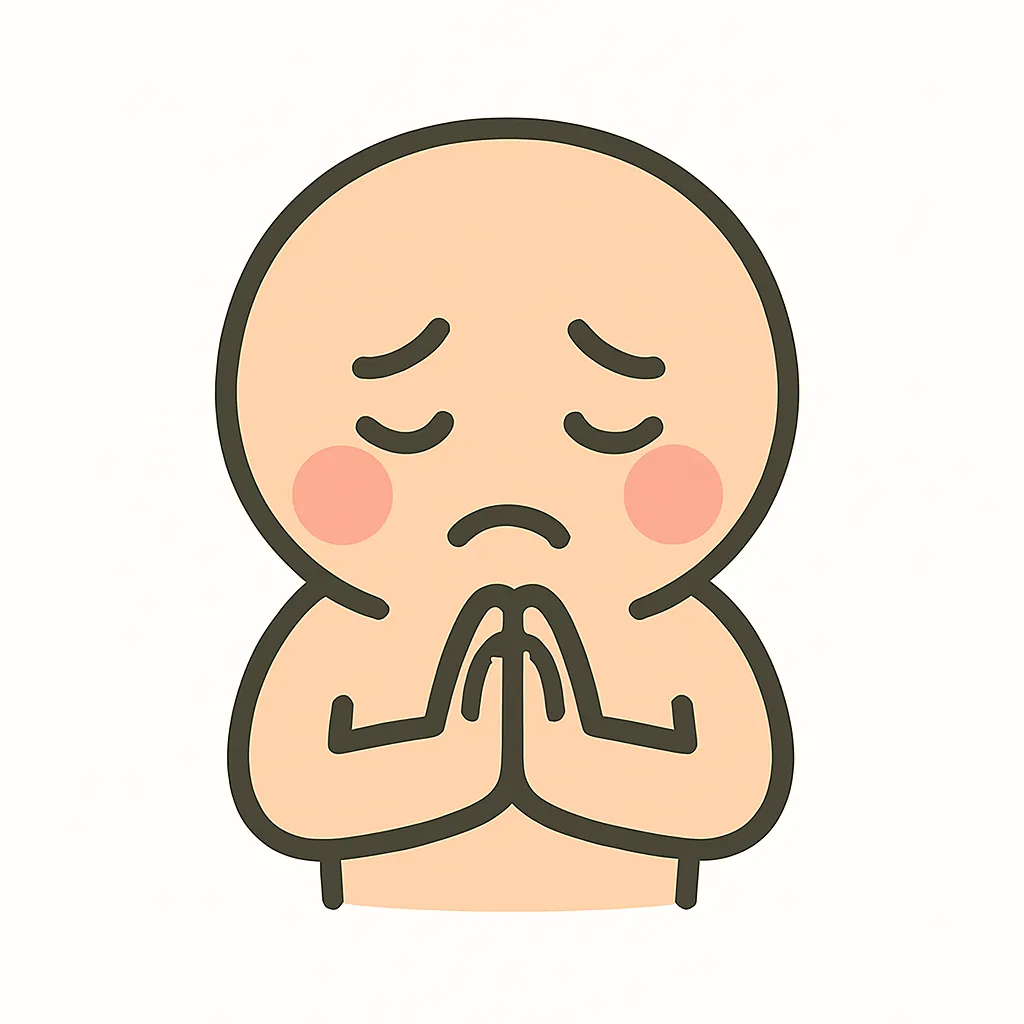 顔文字謝る｜「(｡•́︿•̀｡)」や「m(；∇；)m」風に、困った表情で頭を下げた謝罪のポーズ。眉の角度や手の位置をしっかり描き、感情の伝わる構図にすると◎。