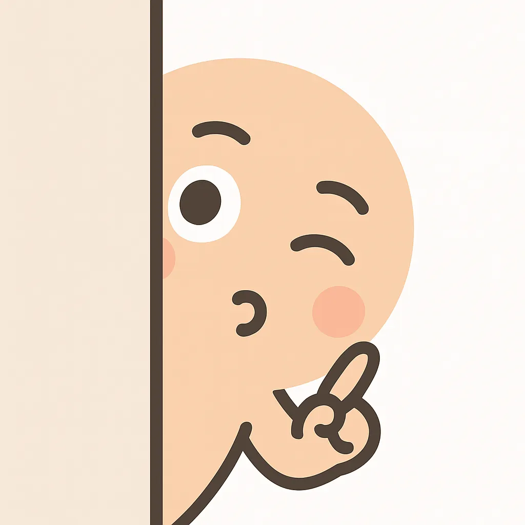 顔文字のぞく｜壁の端からひょっこり顔を出すポーズで、こっそり見ている様子を表現。ウィンクやピースサインを添えることで、おちゃめな印象に。