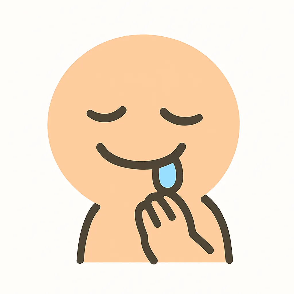 顔文字じゅるり｜「(￣￢￣*)」のように、目を細めつつよだれを垂らす顔。片手をほおに添えると食欲っぽさが際立って◎