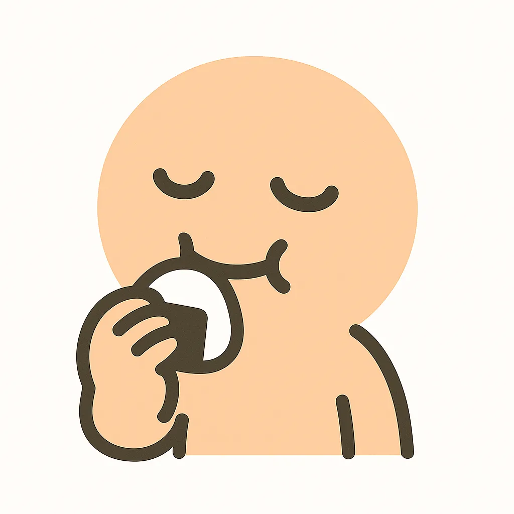 顔文字もぐもぐ｜「(๑´ڡ`๑)」風に、口元をふくらませて頬張る様子。手元におにぎりやパン型の影を持たせても雰囲気UP
