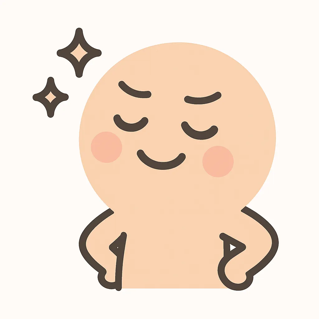 顔文字えっへん｜腕を腰に当てたドヤ顔ポーズで、自信満々な表情を再現。閉じた目と上がった口角、キラリと輝く星がポイント。