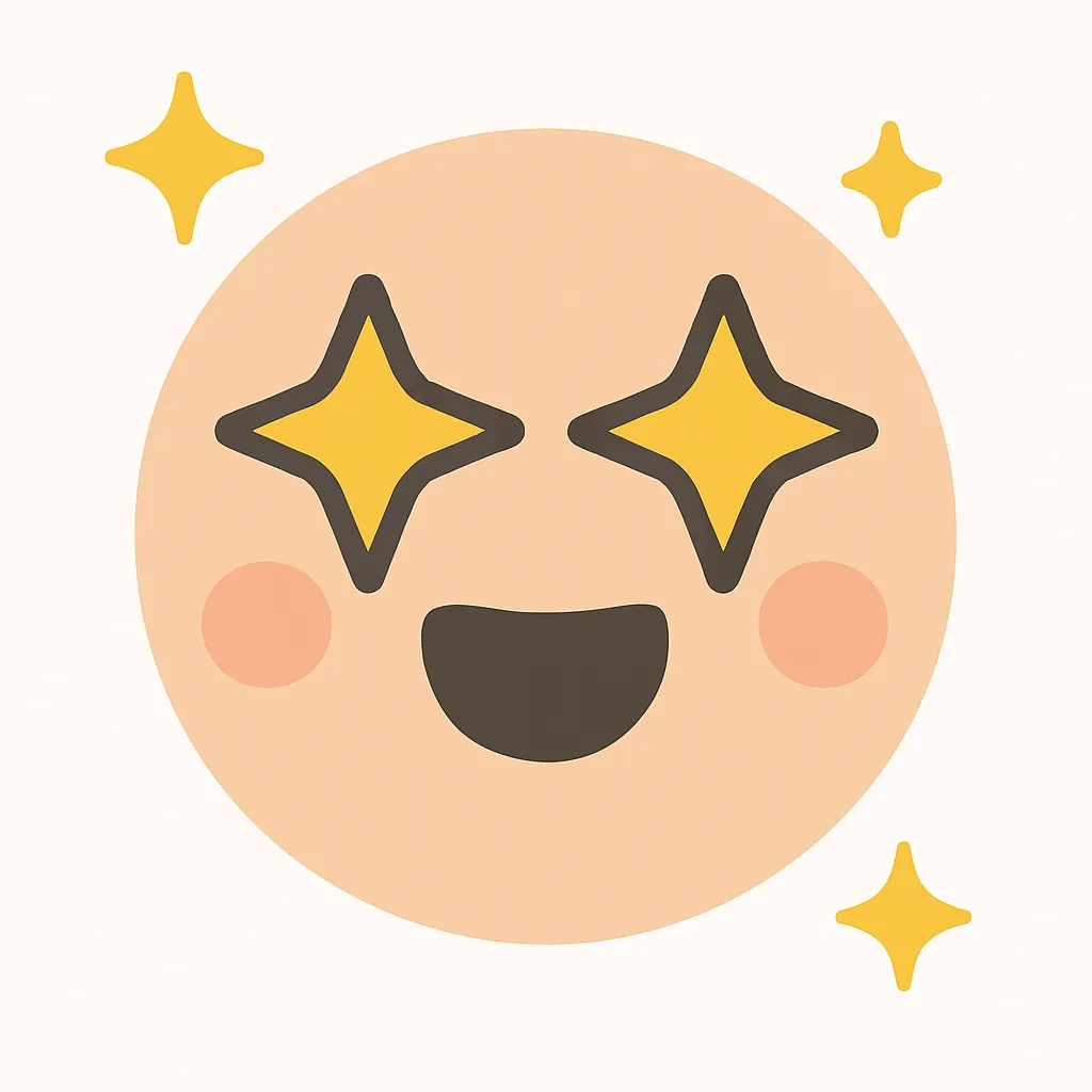 顔文字キラキラ｜両目に星を宿したような表情で、感動・尊さ・ときめきを表現。目を輝かせた顔と、周囲に舞うキラキラがポイント。