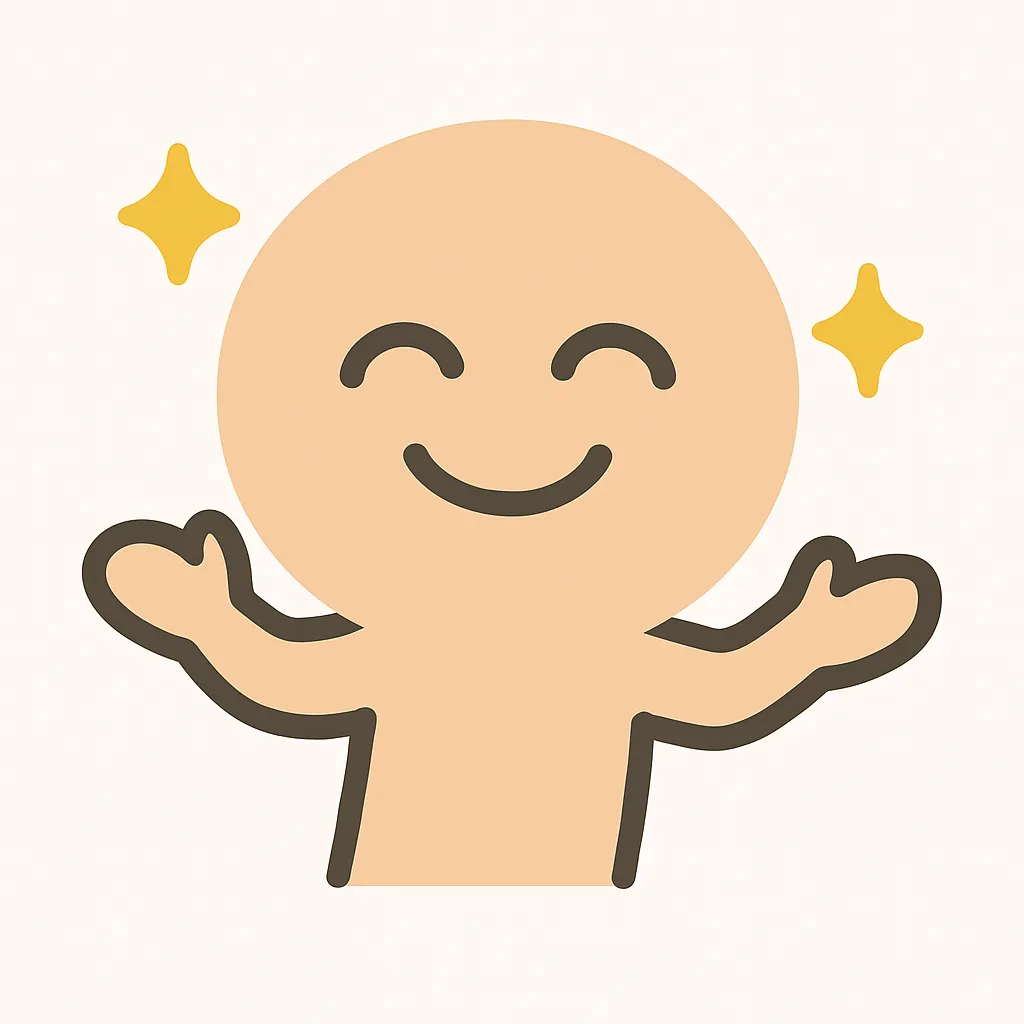 顔文字るんるん｜満面の笑顔と両手の広がったポーズで、上機嫌な「るんるん」気分を表現。両脇のキラキラで軽やかさを演出。