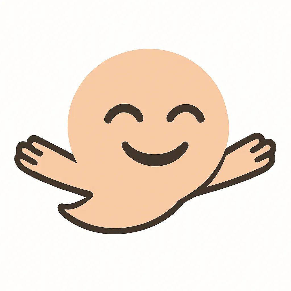 顔文字ブーン｜両目と口を「ブーン（飛行）」表現に見立てて、浮遊感のある顔文字を白抜きで再現。左右に広げた腕で飛び立つ躍動感をプラス。