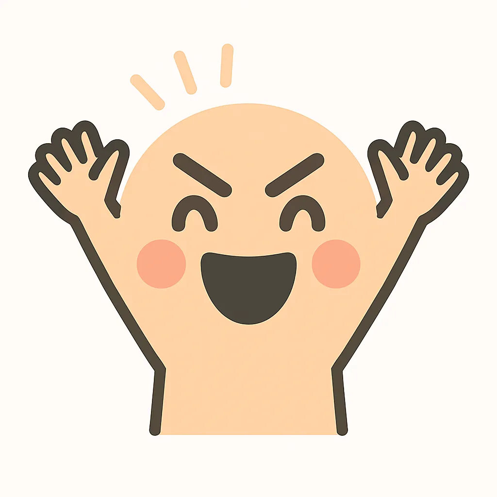 顔文字キター｜両手を高く掲げて勢いよく「キターーー！」と叫ぶようなテンション爆発フェイス。眉は上向きで勝利感・確信・歓喜がにじむ仕上がり。(ﾟ∀ﾟ)キターーー！！