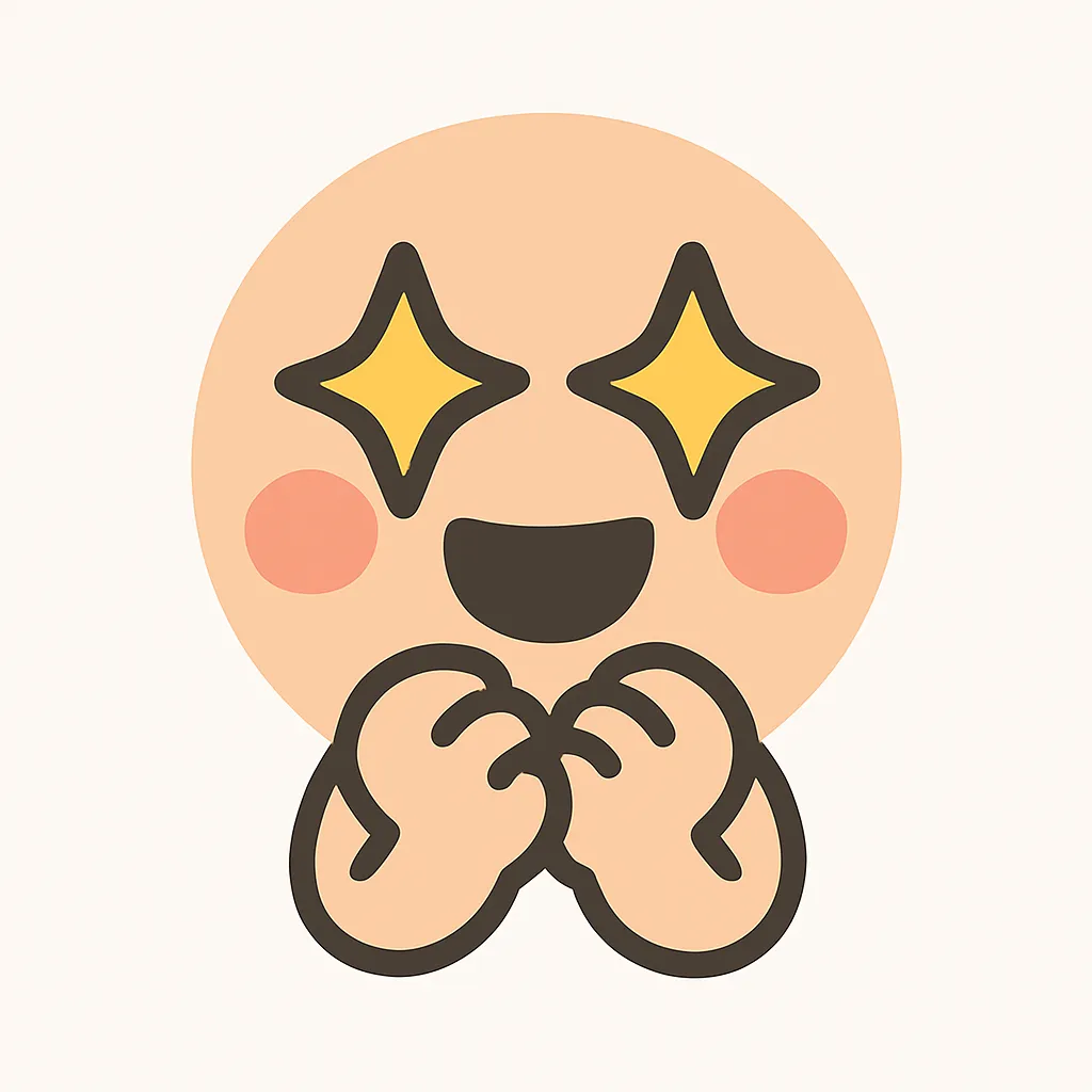 顔文字ワクワク｜期待に満ちた目を輝かせながら、身体をくねらせて小刻みに喜ぶような動き。手を胸元に添えて、何かが始まる前のときめき感を演出。((o(´∀｀)o)) ワクワク！