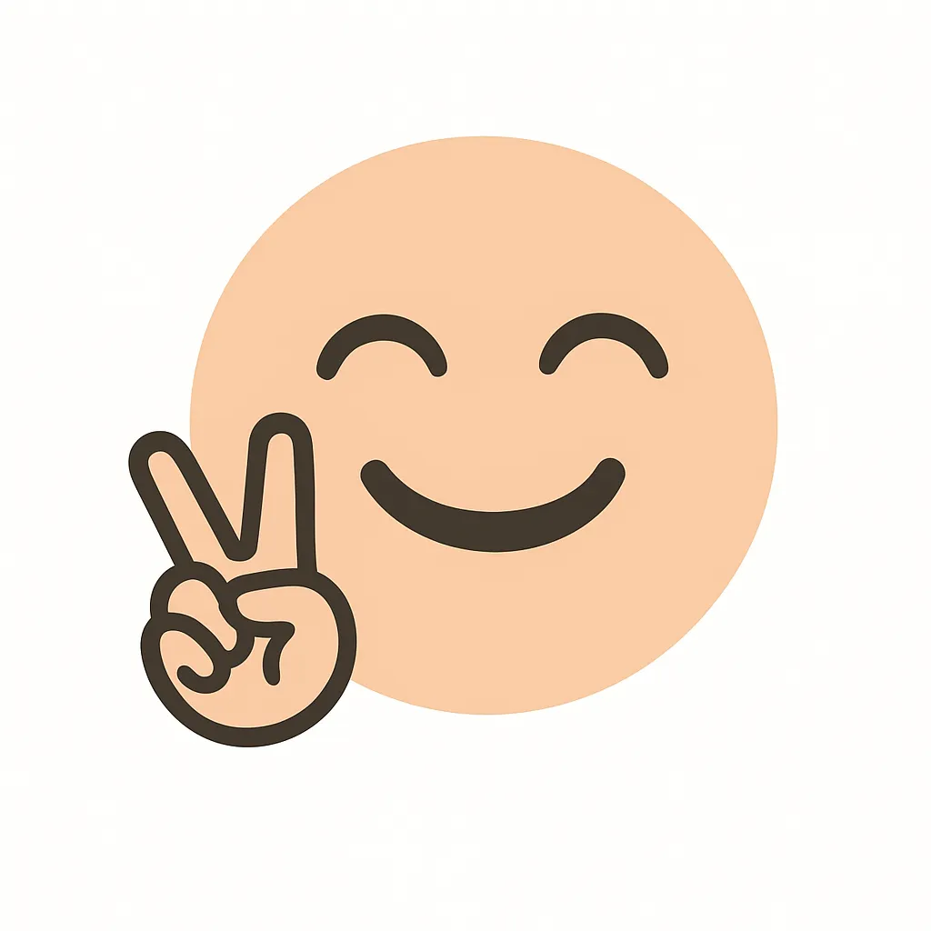 顔文字ピース｜両目を細めた笑顔と、手のピースサインで陽気さを表現。ウィンクやにっこり口元と組み合わせて、軽快でフレンドリーな印象に。