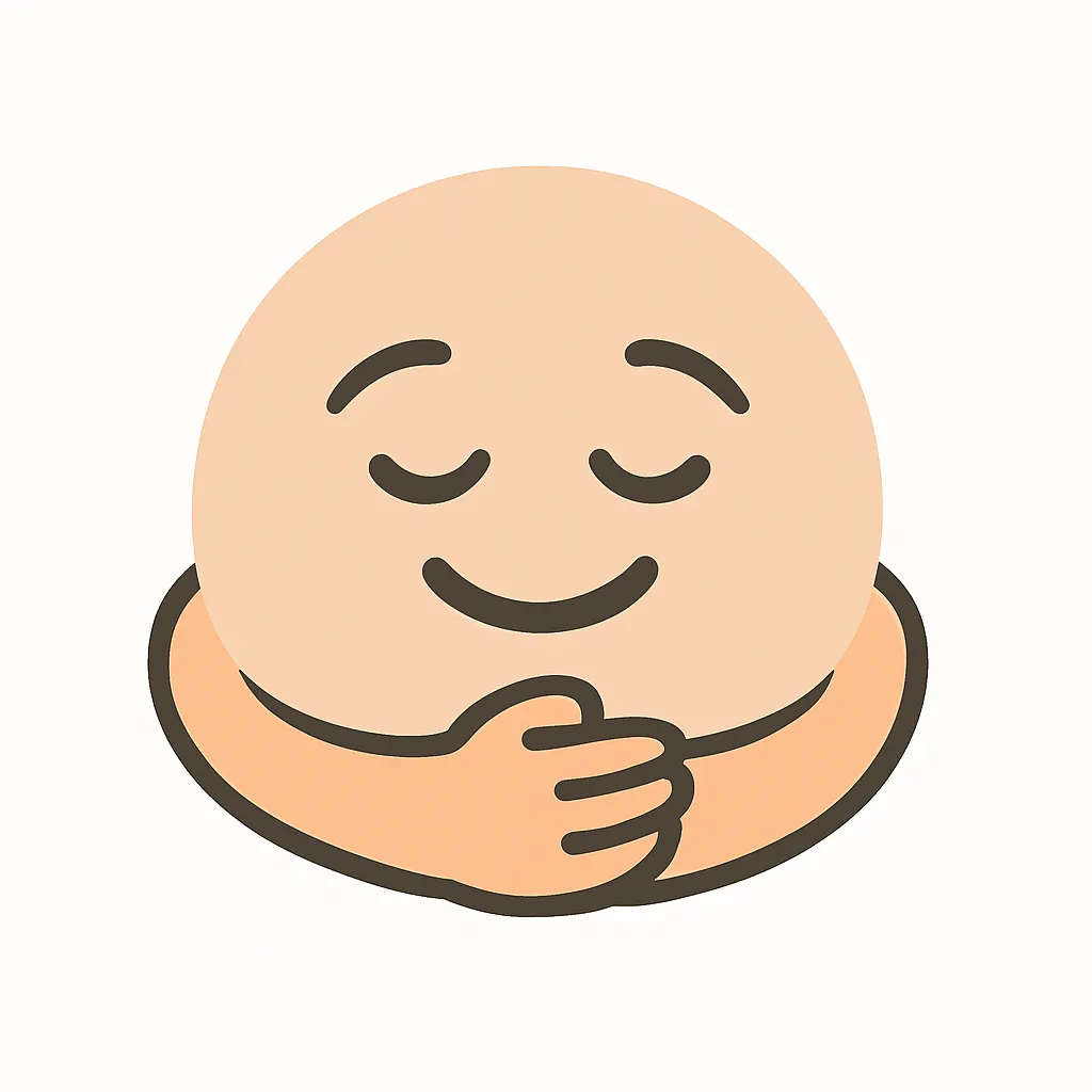 顔文字ぎゅー｜目を閉じたほほえみ顔と、両手を前に出した抱きしめポーズで、ぬくもり感ある優しさを白抜きで表現。親しみや安心感を伝えるデザイン。