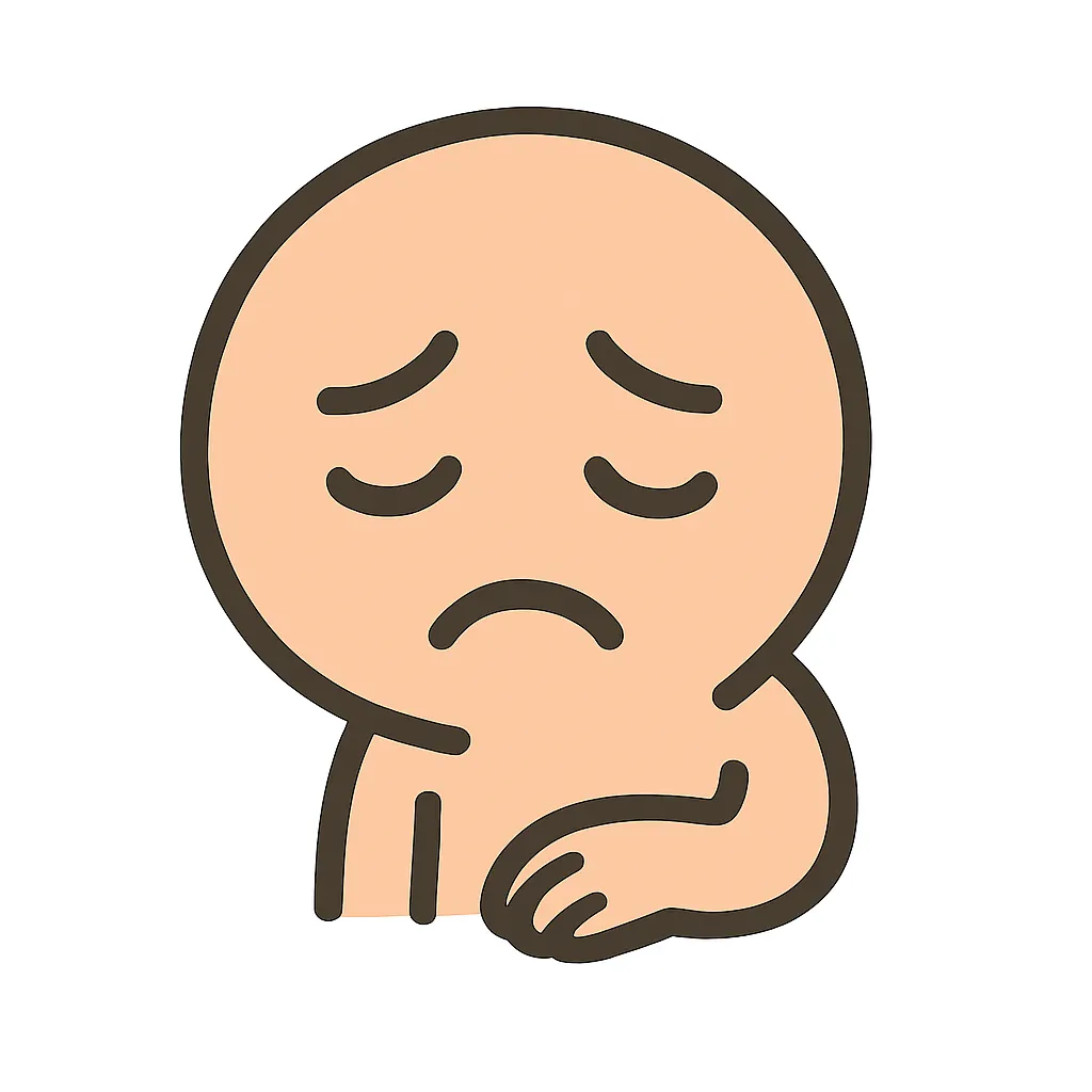 顔文字しょぼん｜「(´・ω・｀)」や「( ´•︵•` )」風に、下がった眉としょんぼり口でしおれた気持ちを表現。片手を胸元で握り、肩を落とすと“元気なさ”が強調される。