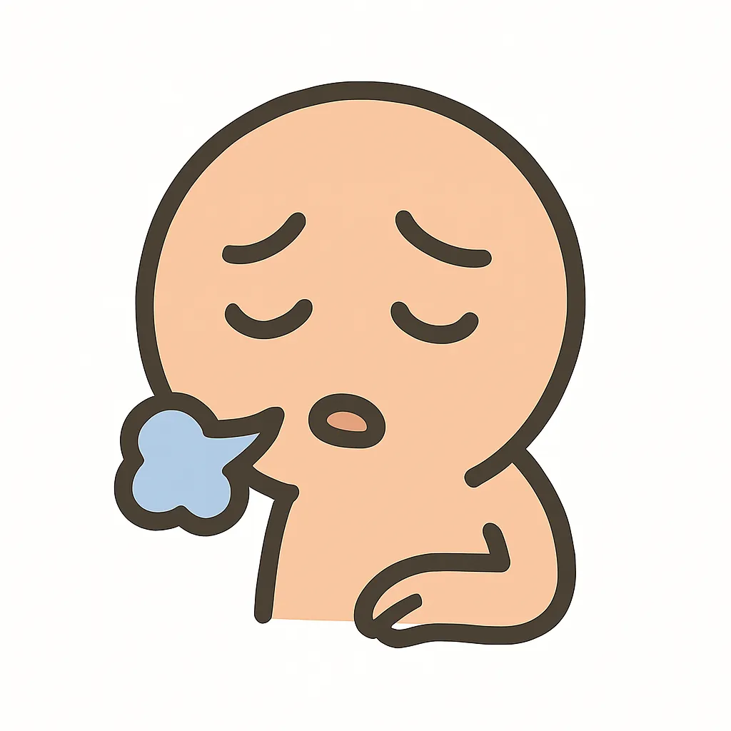 顔文字ため息｜「( ´Д｀)=3」や「( ´-ω-`)」風に、閉じた目と口から息を吐くポーズ。顔の横に“ふぅ〜”の吹き出しマークを付けて、疲労・諦め・落胆のニュアンスを視覚化。