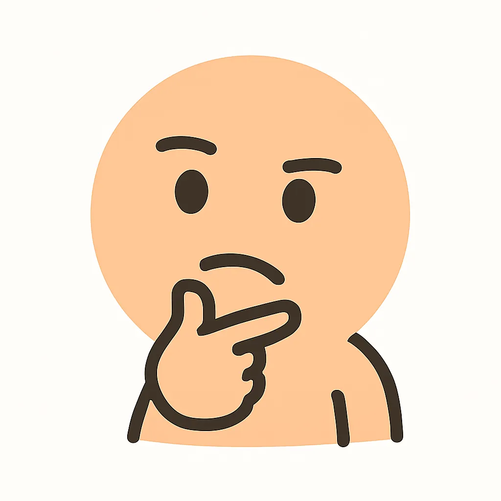 顔文字悩む｜「(｡•́︿•̀｡)」や「( ˘•ω•˘ )」風に、口元をへの字にして眉を寄せた思案顔。手をあごやこめかみに添えて「うーん…」と考え込むようなポーズで表現。