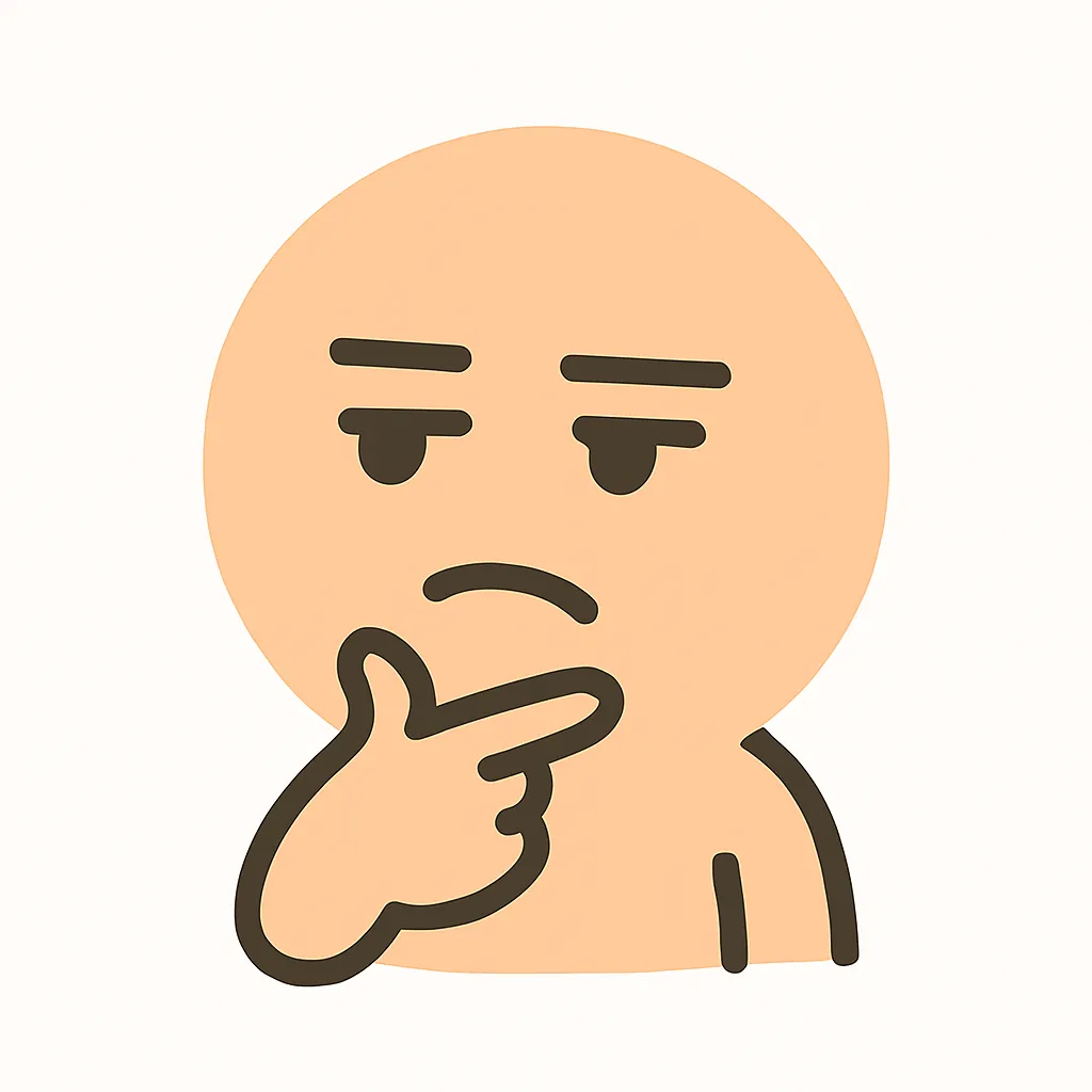 顔文字のうーんポーズ｜考え込むような表情の顔文字が、指をあごに当てて悩むポーズをとる構図。淡い肌色と太めの輪郭線が、落ち着いた雰囲気を演出している。顔文字のバリエーションとして「(－_－)」のようなアスキーアートをイメージさせ、疑問や考察をかわいく伝える。