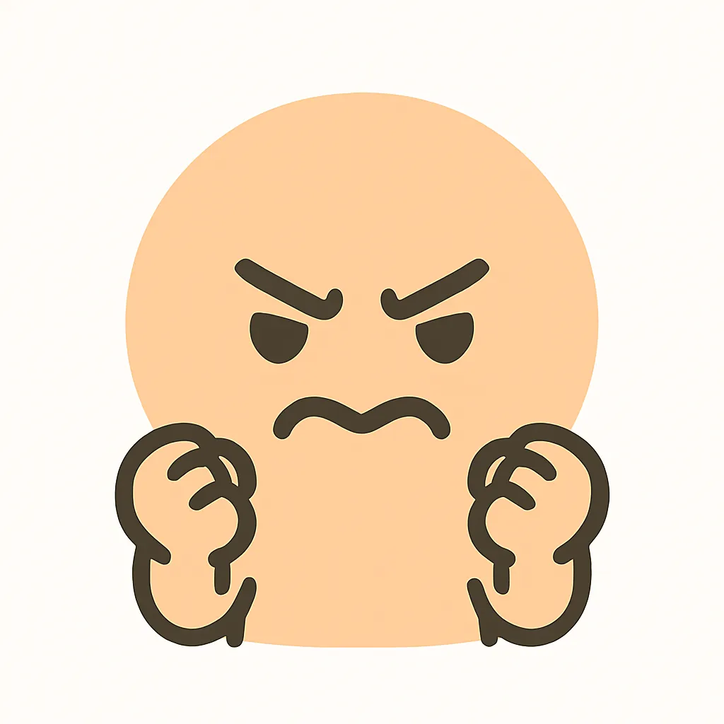 顔文字のぐぬぬポーズ｜両拳を握りしめた力強いポーズで、悔しさや歯がゆさを感じさせる顔文字。ミニマルなデザインながら、力がこもった眉と口元が特徴的。顔文字表現のひとつである「(｀ε´)」を思わせるようなアスキーアート的構造が印象に残る。