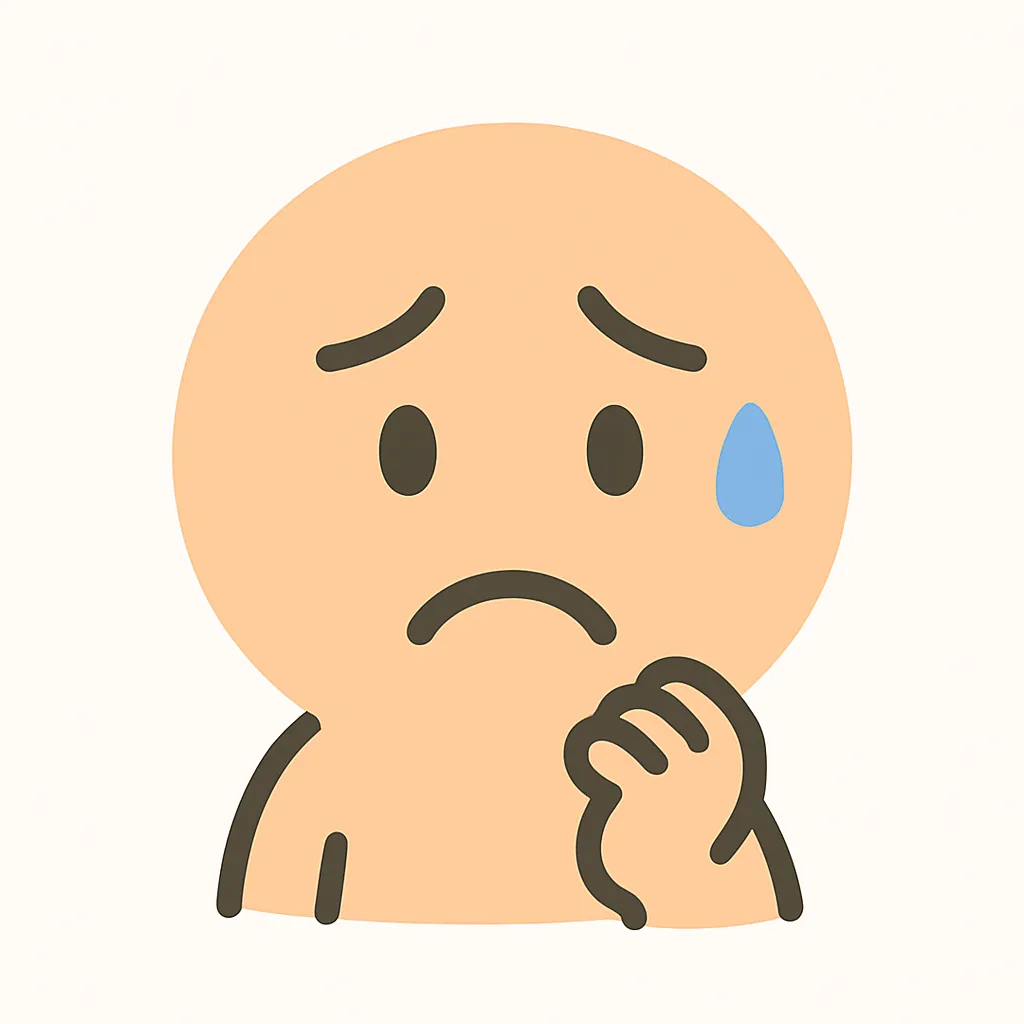 顔文字の心配ポーズ｜手を口元に添え、不安そうに見上げる顔文字が印象的な一枚。やさしいタッチの線と淡い色使いで、心配の気持ちを静かに伝える。顔文字特有の「(´・ω・`)」のようなアスキーアートを思わせ、どこか親しみを感じるデザインになっている。