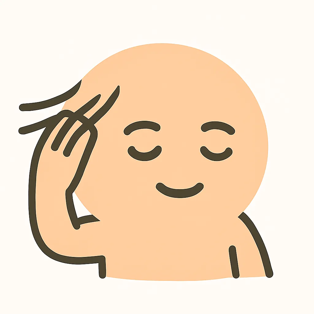 顔文字のサラサラポーズ｜髪をなびかせながら流れるような動きを見せる顔文字。目を閉じたリラックス顔が特徴で、「( ´ー｀)」のような余裕あるアスキーアートを思い出させる。静かな風を感じる、ユーモラスな仕上がり。