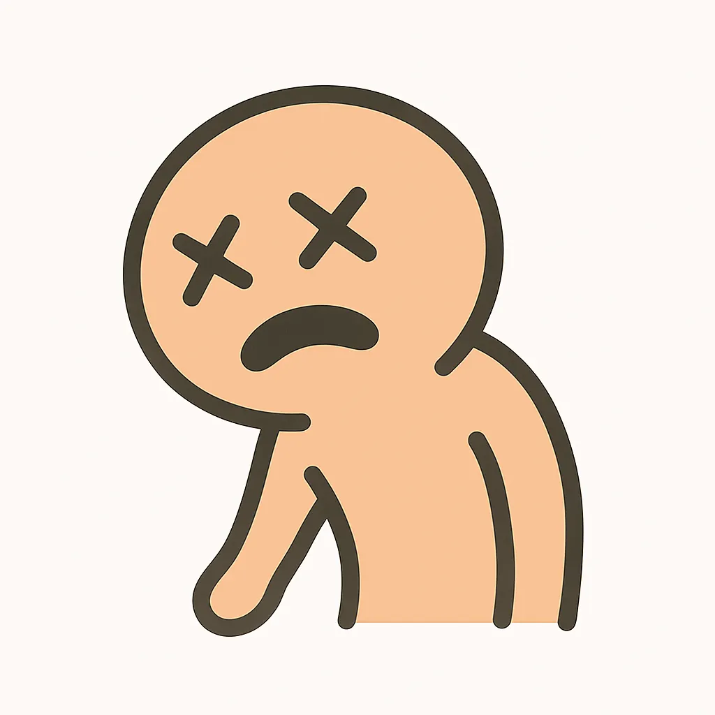 顔文字｜死にかけのキャラクター｜ぐったりと力が抜けた表情に、×印の目が組み合わさった顔文字スタイル。デフォルメの限界を活かした線のバランスと、控えめな影の処理が絶妙なユーモアを生み出します。ASCIIアート： (×_×)