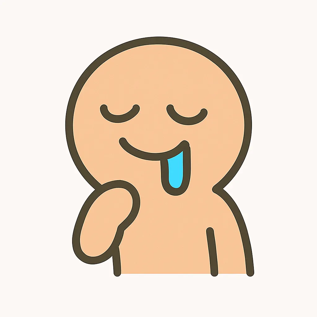 顔文字｜よだれのキャラクター｜とろけたような表情と青い舌が特徴の顔文字風イラスト。顔の角度や口元のデザインが気の抜けた雰囲気を生み、ゆるキャラ的なかわいさが光ります。ASCIIアート： (´ρ`)