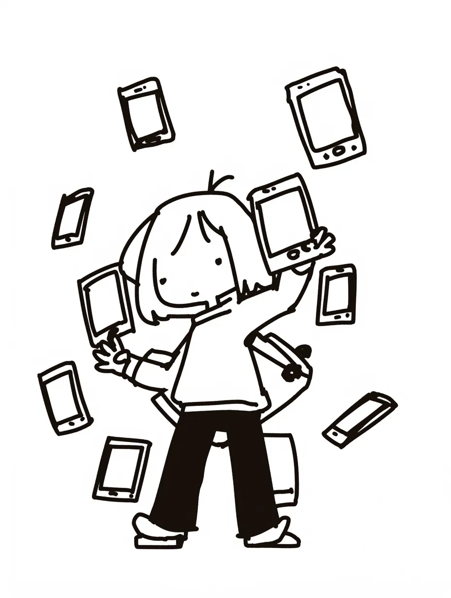 スマホ中毒に囲まれる少女｜複数のスマホが宙に浮き、まるで操られるかのような少女の姿がユニークなイラスト。デフォルメされたシンプルな線が、スマホ中毒の依存性を可愛らしく表現している。