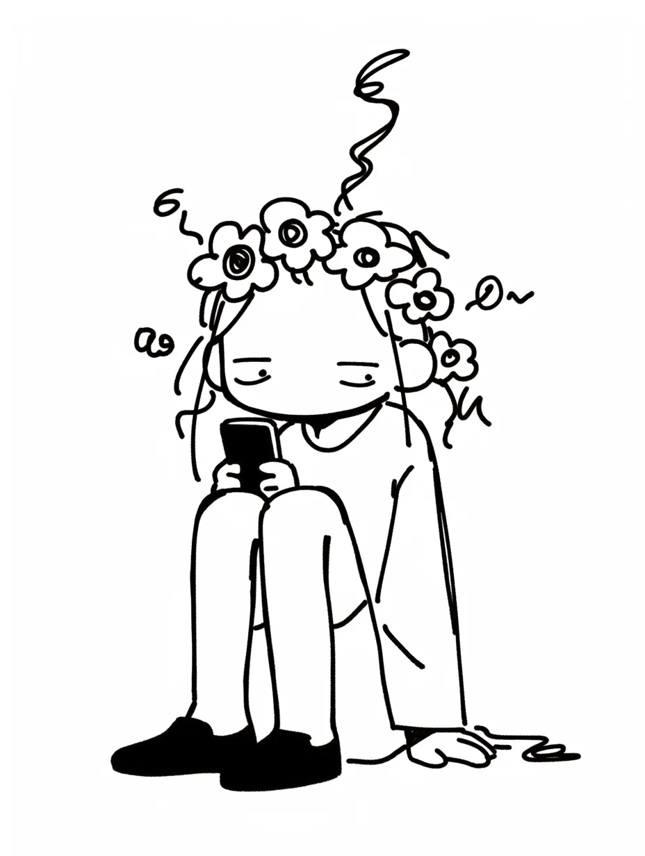 スマホ中毒と幻想の花冠｜無表情でスマホを見つめる少女の頭に、幻想的な花が咲き乱れている。シュールなデザインと緩やかな線が、スマホ中毒による思考の混濁や夢幻的な感覚を表している。