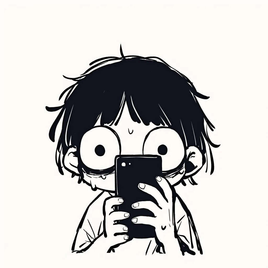 スマホ中毒に驚く少年｜大きく見開かれた目と滴る汗が印象的な少年のイラスト。大胆な線使いとシンプルなモノクロ表現が、スマホ中毒による衝撃や興奮を強調している。