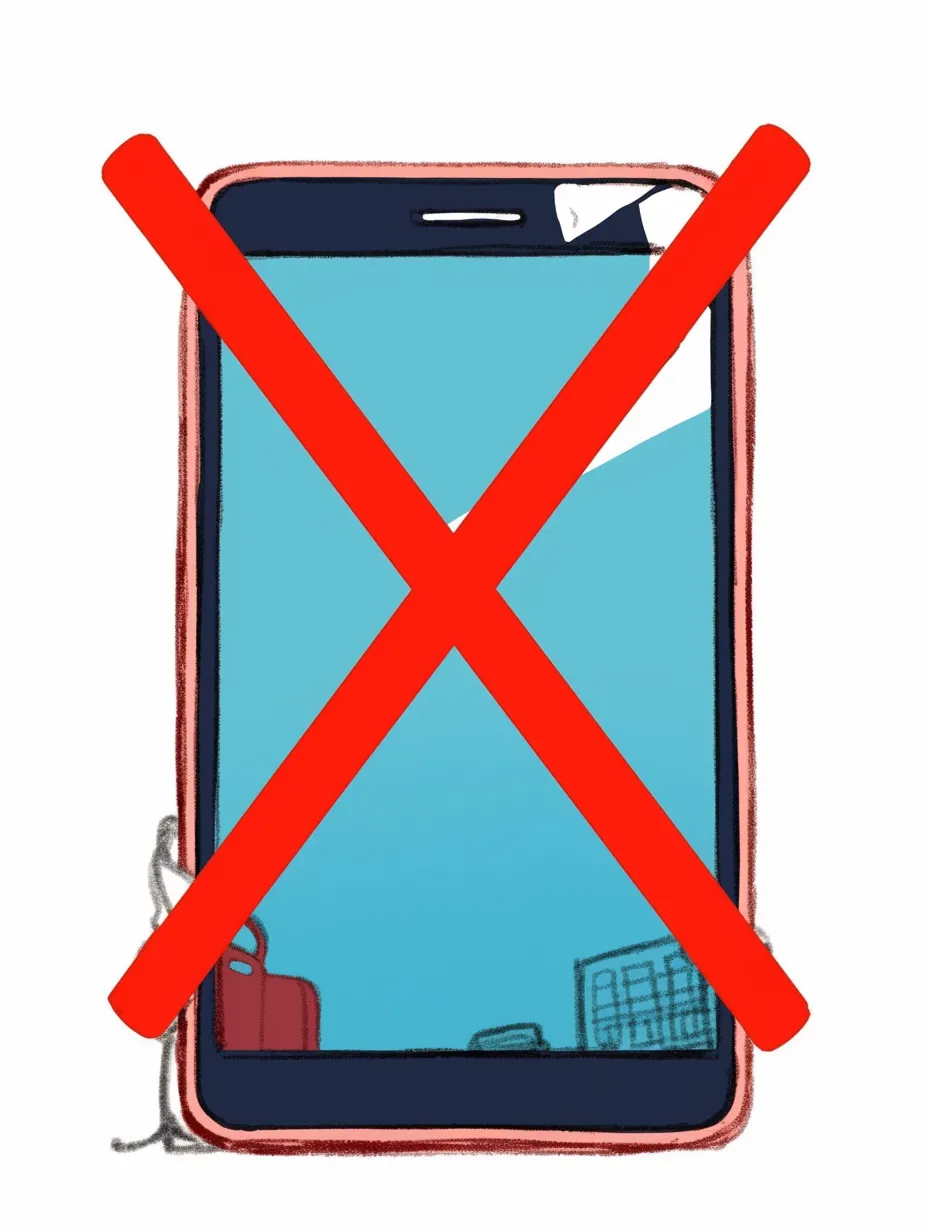 スマホ禁止の警告が表示された端末｜画面に大きな赤いバツ印が描かれたスマホが、シンプルなタッチで描かれている。やや柔らかい色合いとラフな線が特徴で、スマホ禁止のメッセージが視覚的に強調されている。