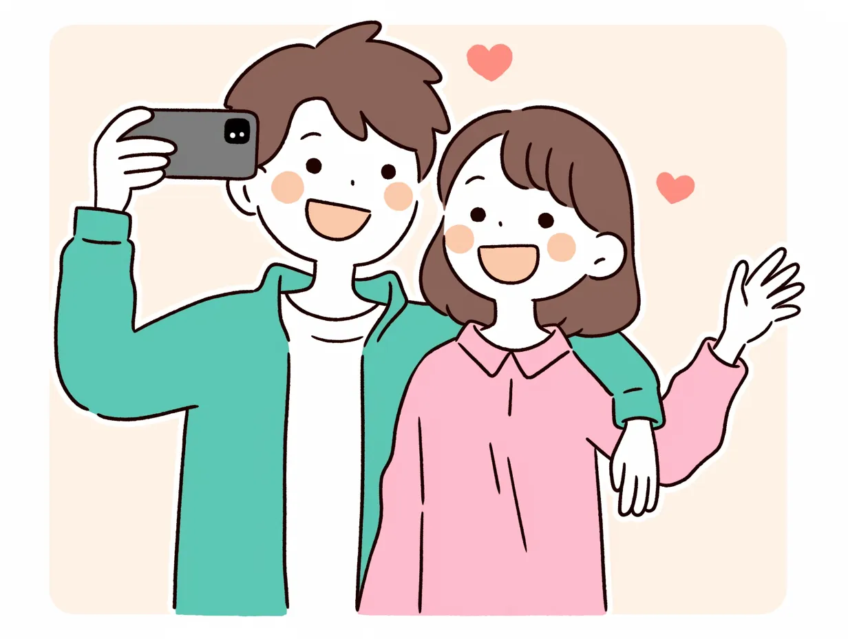 自撮りするスマホデートカップル｜背景付きの構図が特徴的なカップルの自撮りシーン。明るい色合いと柔らかな線が、楽しく幸せな雰囲気を際立たせている。