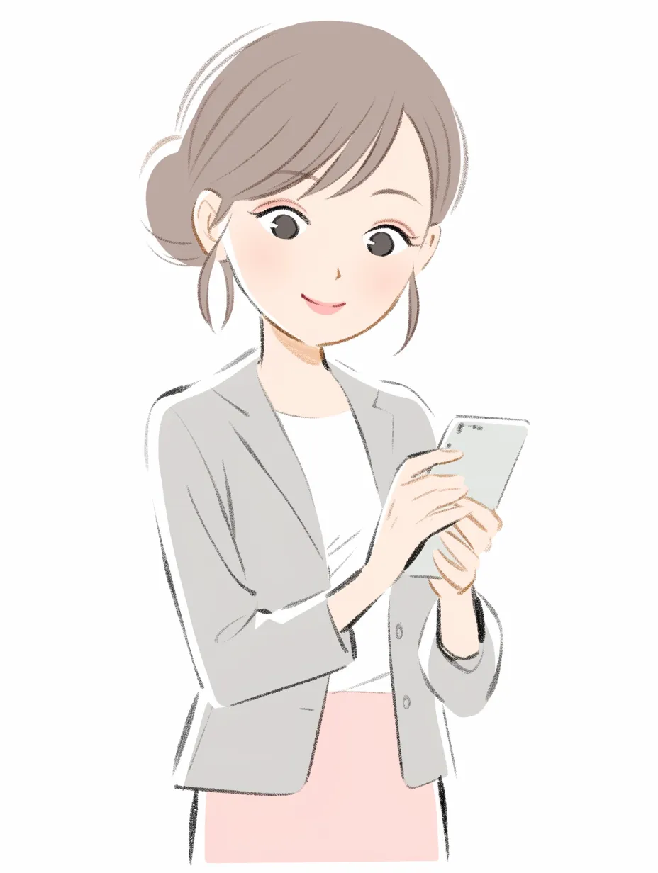 スマホ女性・オフィスカジュアルの上品な女性｜落ち着いた色調と繊細な筆致で描かれた、スマホを持つオフィスカジュアルな女性。知的で洗練された雰囲気を演出するデザイン。