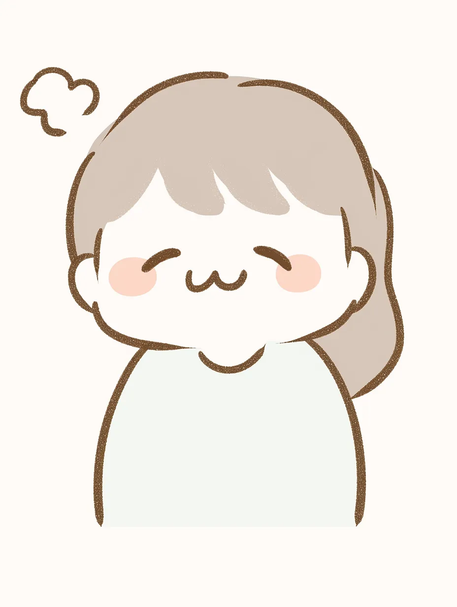 ほのぼのとした表情の女の子 にっこり笑顔｜やわらかいタッチと落ち着いた色合いが心を和ませるイラスト。ゆるやかな輪郭と優しい表情が、ナチュラルな魅力を引き出している。リラックスした雰囲気の中で、にっこり笑顔が可愛らしい。