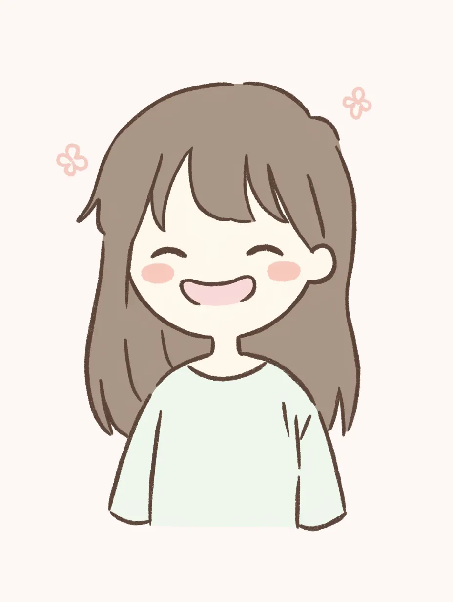 ほんわか笑う女の子 にっこり笑顔｜手描き風の優しい線とパステル調の色合いが特徴的なイラスト。ほのぼのとした表情が温かく、心を和ませる雰囲気を醸し出す。全体の柔らかい印象の中で、にっこり笑顔が魅力的に表現されている。