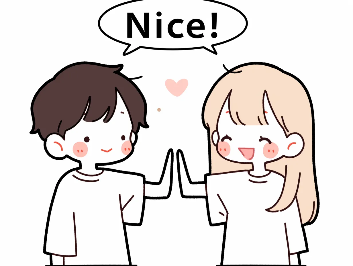 英語を話す仲良しカップル｜シンプルで優しい色調のイラスト。白い服を着た男女が笑顔でハイタッチを交わしながら「Nice」と英語を話す場面が描かれ、英語を通じたポジティブな交流が感じられる。丸みのある線と温かみのある表情が印象的。