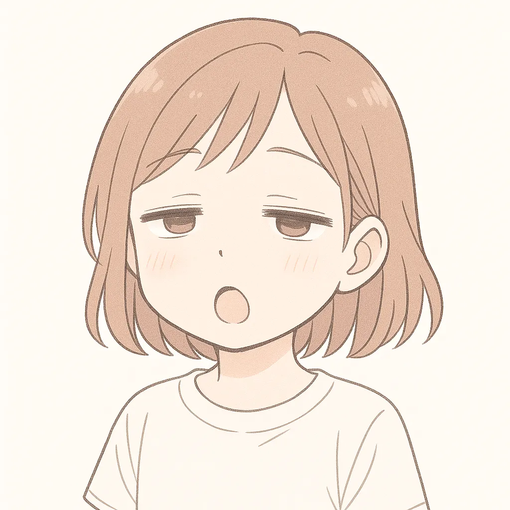 顔文字眠いな女の子｜眠そうな目元と開いた口元が、眠い気持ちをしっかりと伝える。柔らかな線とパステル調が心地よい。( ˘ω˘ )