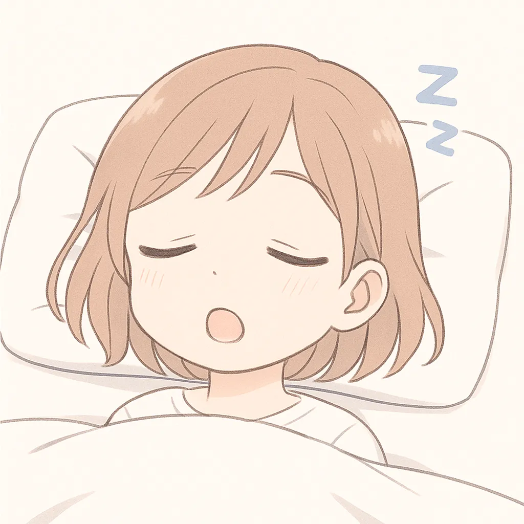 顔文字寝るな女の子｜シンプルなタッチで描かれた寝入り際の女の子。寝る直前の穏やかな雰囲気が魅力的。(｡-_-｡)
