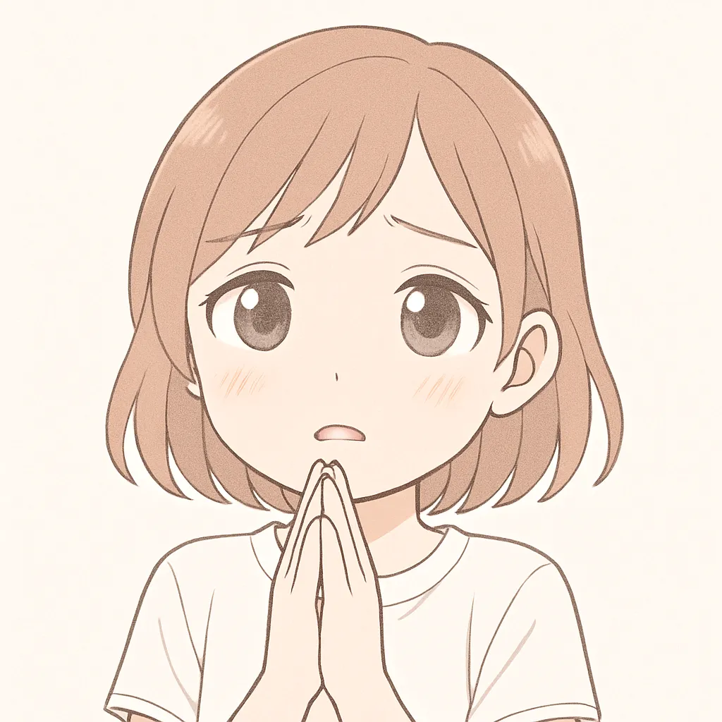 顔文字お願いな女の子｜しっとりとした目元と手を合わせたポーズがお願いという気持ちを素直に表現。淡色仕上げが優しさを引き立てる。(人 •͈ᴗ•͈)