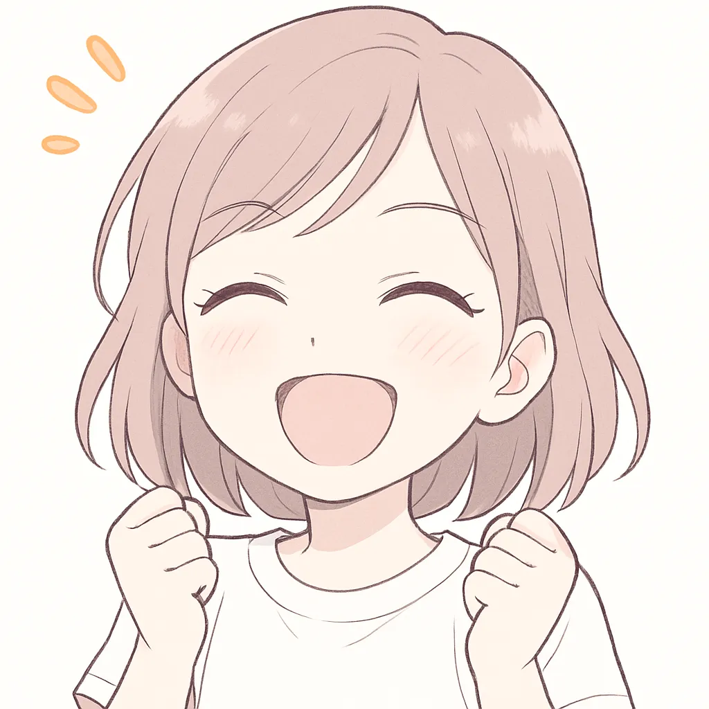 顔文字おめでとうな女の子｜満面の笑顔と両手のガッツポーズでおめでとうの気持ちを爆発。喜びが伝わる華やかタッチ。(≧∇≦)/