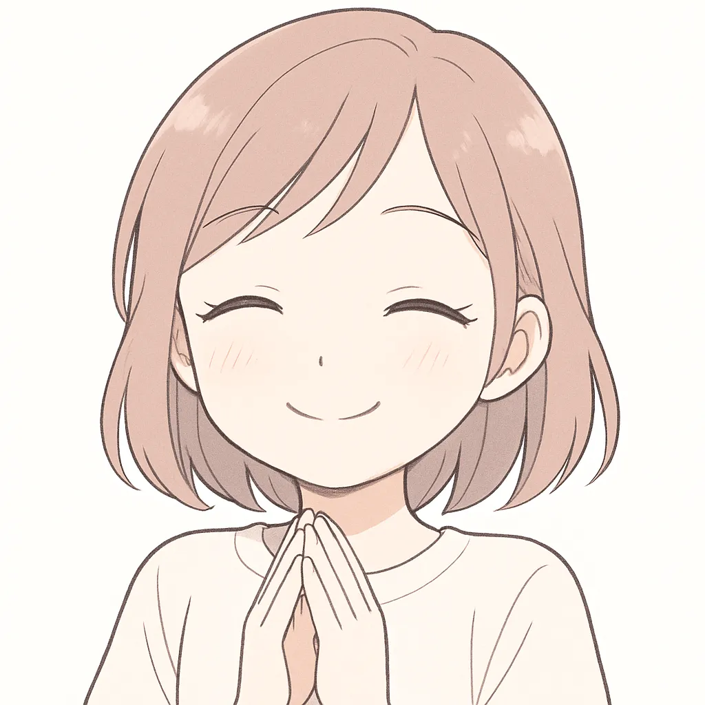 顔文字ありがとうな女の子｜穏やかな微笑みにこもったありがとうの気持ち。丸みのある線と落ち着いた色調が温かみを演出。(´▽｀)