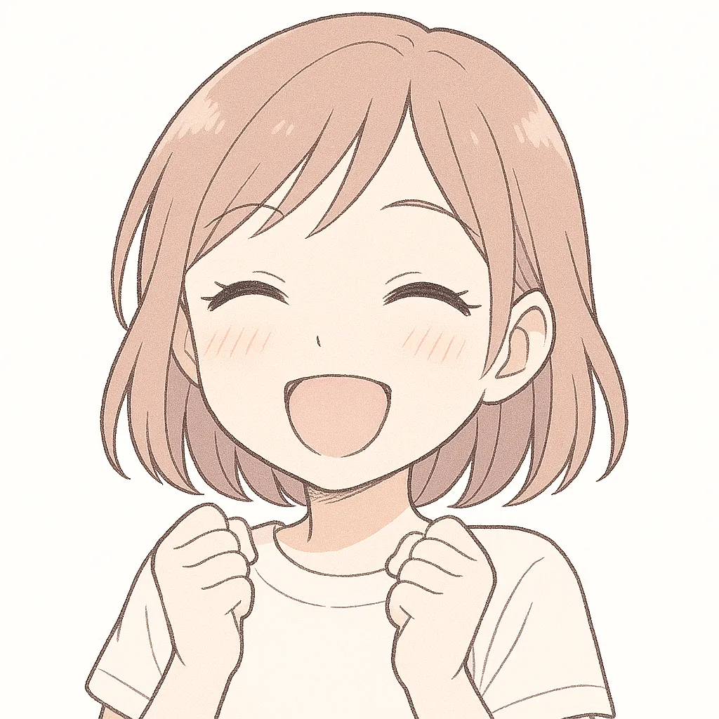 顔文字感謝な女の子｜心からの感謝を込めた笑顔とガッツポーズが印象的。やわらかなタッチで感情の温かみを丁寧に描いている。(๑˃̵ᴗ˂̵)و