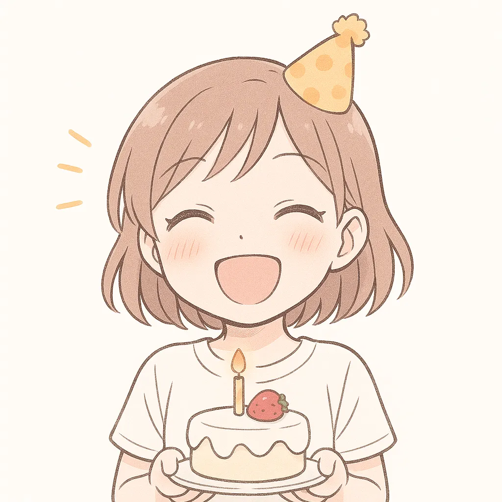顔文字誕生日な女の子｜誕生日を祝う帽子とケーキで喜びいっぱいの表情。明るく楽しい雰囲気が画面いっぱいに広がる。(๑˃̵ᴗ˂̵)و✧