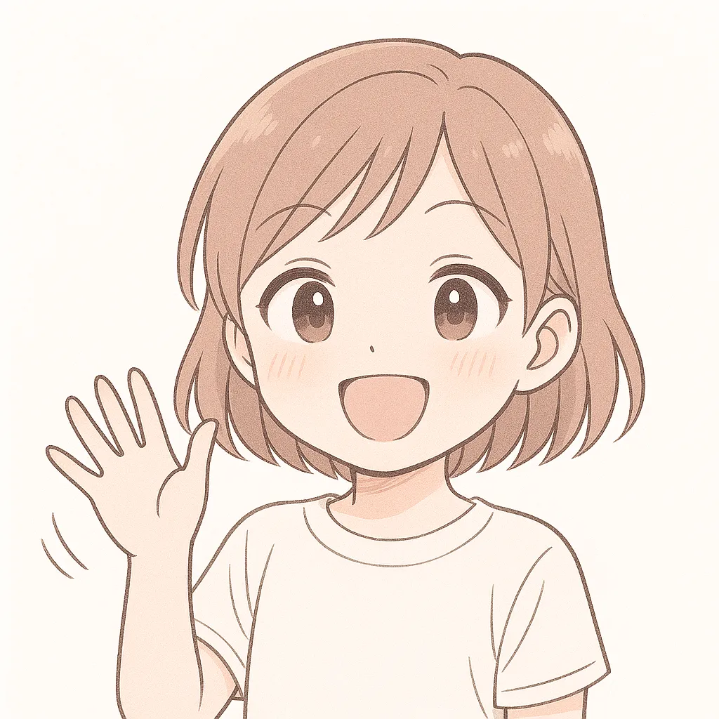 顔文字バイバイな女の子｜元気よく手を振る姿がバイバイの挨拶にぴったり。フレンドリーな表情が好印象。(＾ω＾)ﾉｼ