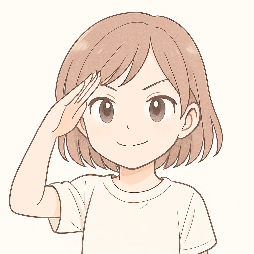 顔文字敬礼な女の子｜キリッとした目元と敬礼ポーズが頼もしさを感じさせる。やや硬めの線でメリハリを強調。(｀･ω･´)ゞ